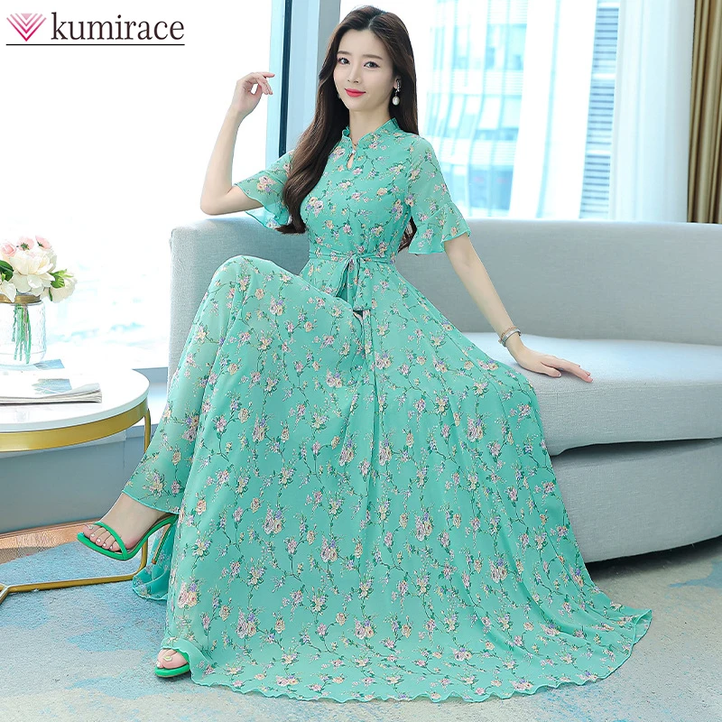 

New 2022 Summer New Korean Large Dress Elegant Women's Color Printed Short Sleeve Large Skirt Holiday Banquet Chiffon Robe