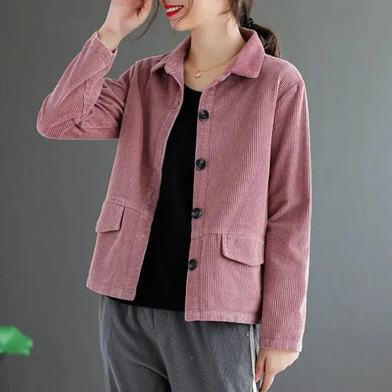 Corduroy Long-Sleeved Short Jacket Women's 2021 Spring Autumn New Pure Color Corduroy Coat Femalet Single-Breasted Thin Top