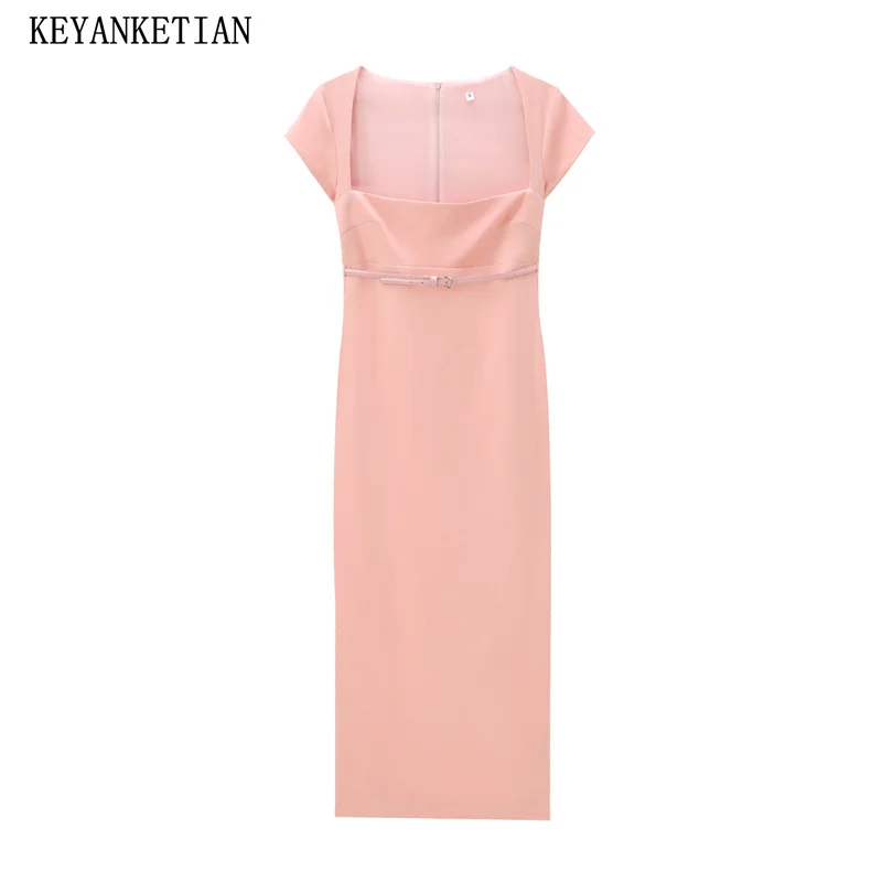Новинка 2024 женское розовое платье-миди KEYANKETIAN с низким вырезом поясом и разрезом