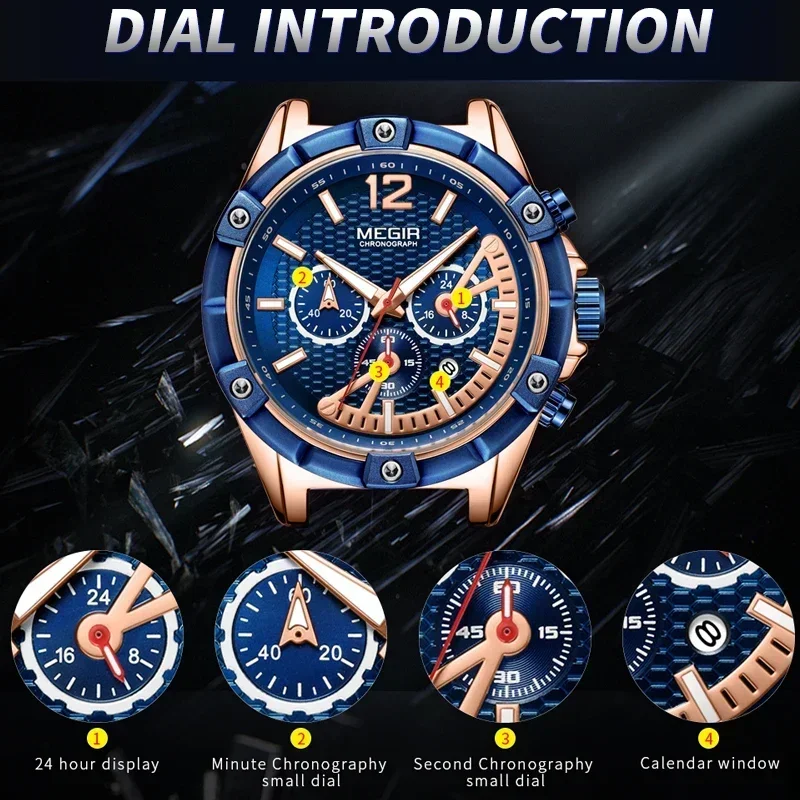 MEGIR хронограф спортивные мужские часы водостойкие силиконовые кварцевые