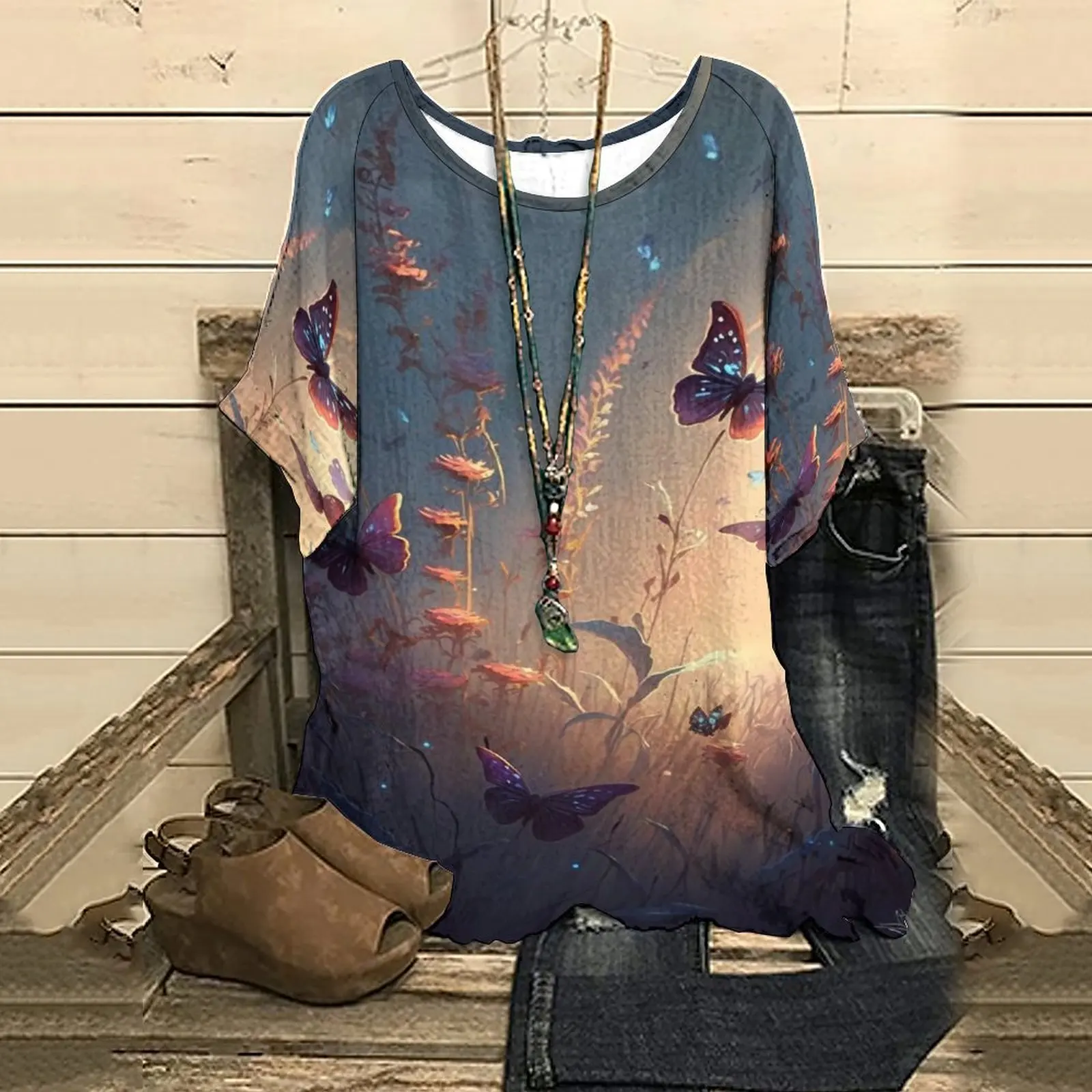 

Summer T Shirt for Woman Women's Half Sleeve Top Tee Butterfly Floral Print Clothes T-Shirt Streetwear
