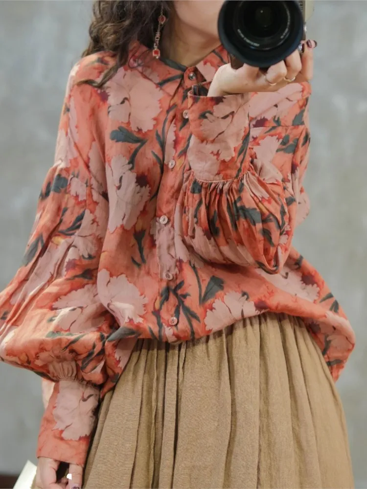 Женская свободная рубашка с длинным рукавом цветочным принтом