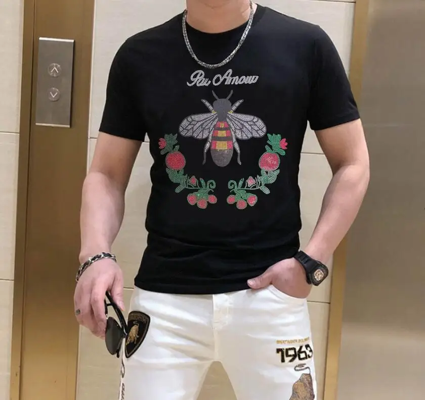 

S-6XL Anime Diamonds Men Dress T Shirts Rhinestones Man Summer Fashion T-Shirts Streetwear Dress