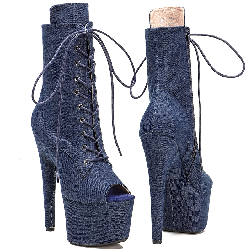 Leecabe Matt PU 17CM/7inches denim PU Pole dancing shoes High Heel platform Boots Pole Dance boot