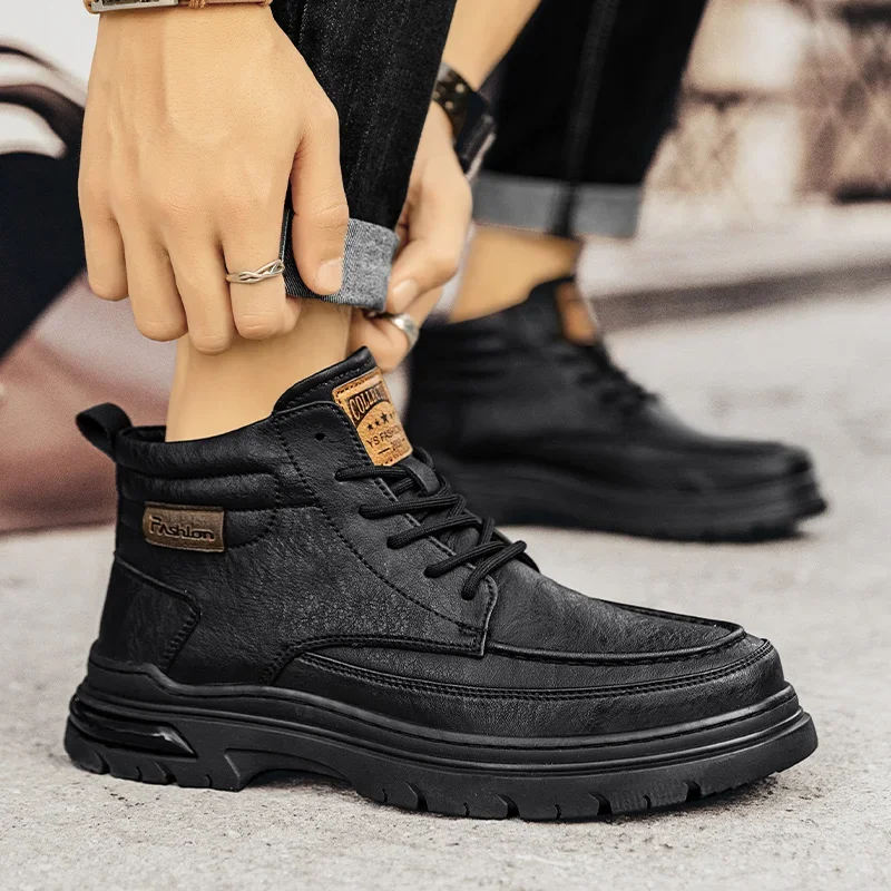 Мужские ботильоны с высоким вырезом однотонные кожаные кроссовки мотоциклетные