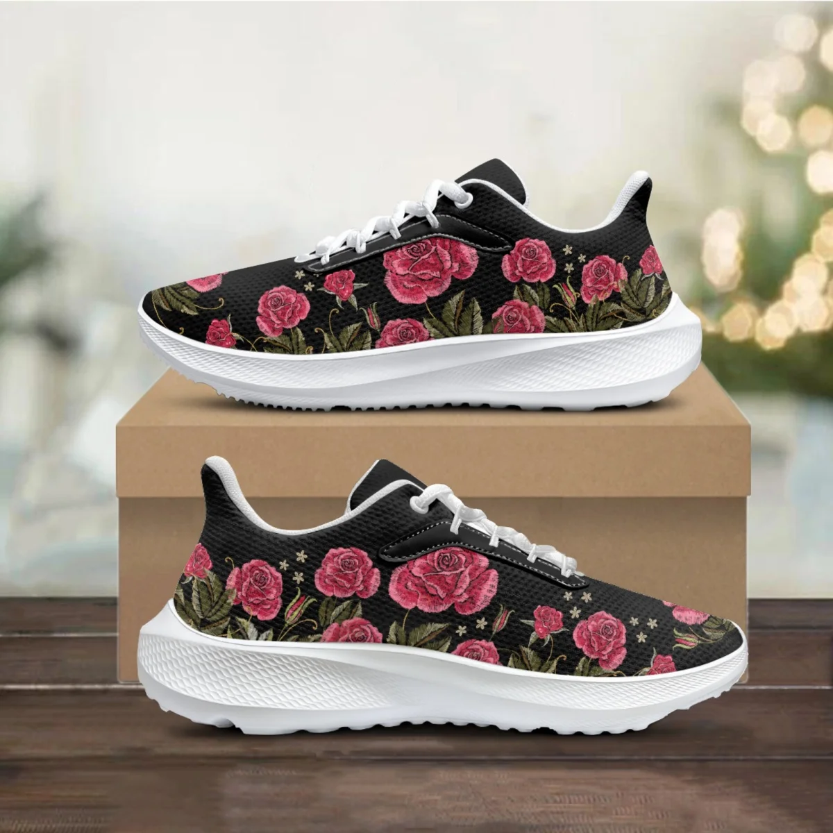 

Valentine's Day Gift Red Rose Brand Designer Ladies Sneakers Comfortable Lightweight Lace-up Flats Shoe Female Cozy Walking Shoe