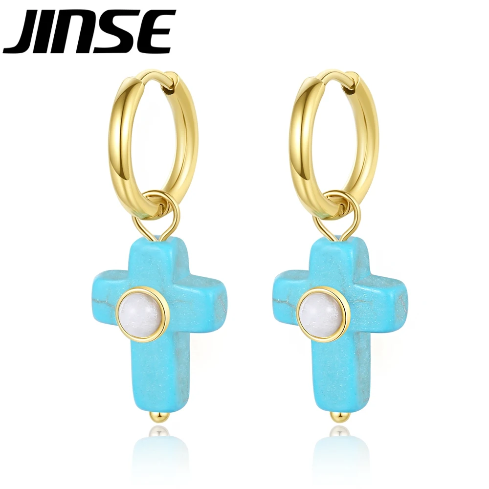 Золотые серьги JINSE для женщин, новинка 2022, модные роскошные серьги из нержавеющей стали пирсинг кольцо, необычные свадебные серьги с крестом...