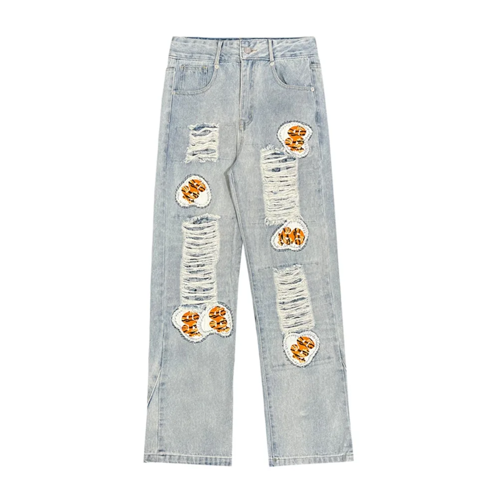 Men's Four Seasons Trousers American High Street Trend Hole Patch Men and Women with The Same Style Denim Trousers Ins Hot Sale