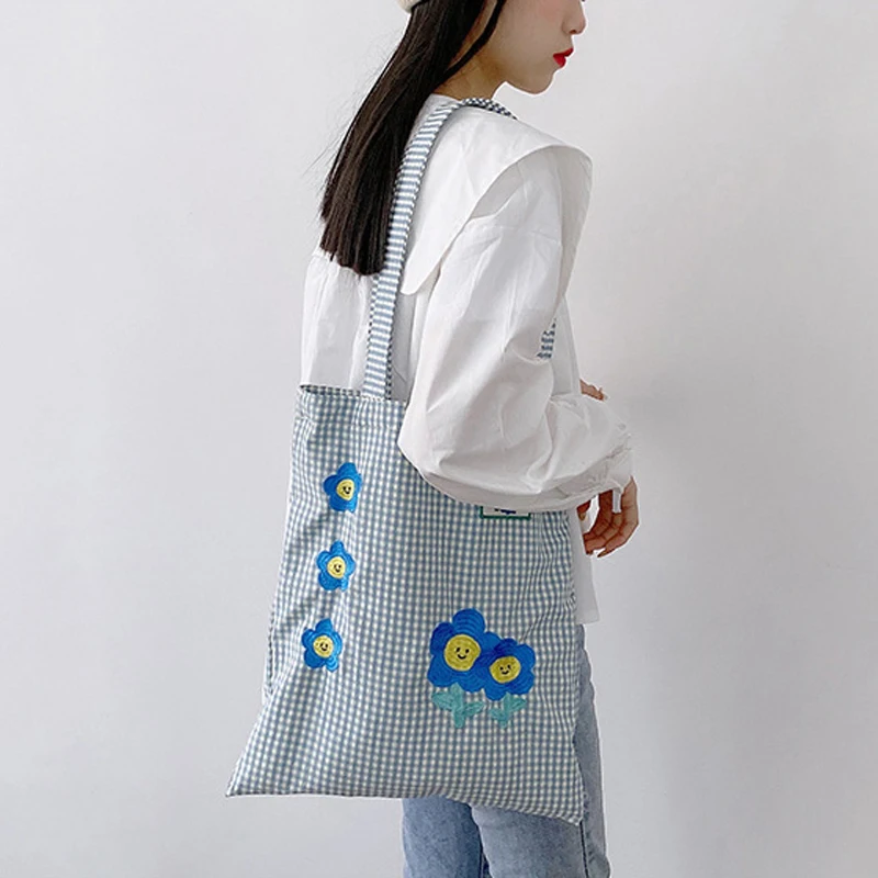 

Plaid Women Shoulder Bag Flower Embroidery Ladies Casual Handbag Canvas Tote Bag Reusable Large Capacity Cotton Shopping Bag