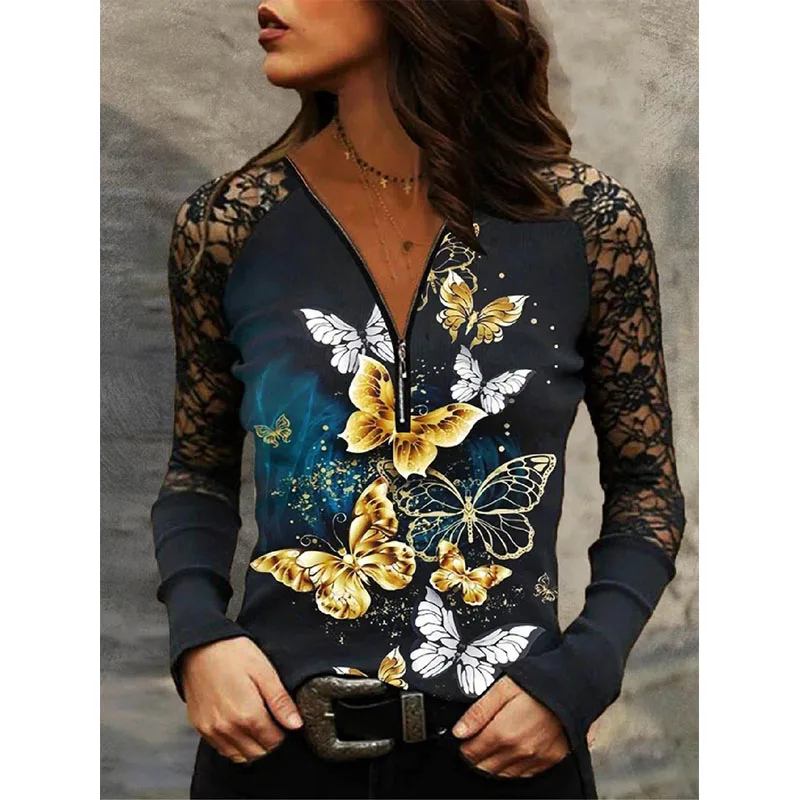 

Elegant Women Tops Casual V-neck Zipper Sexy Fashion Butterfly Print Stitching Lace Pullover Long-sleeved T-shirts Spring Summer