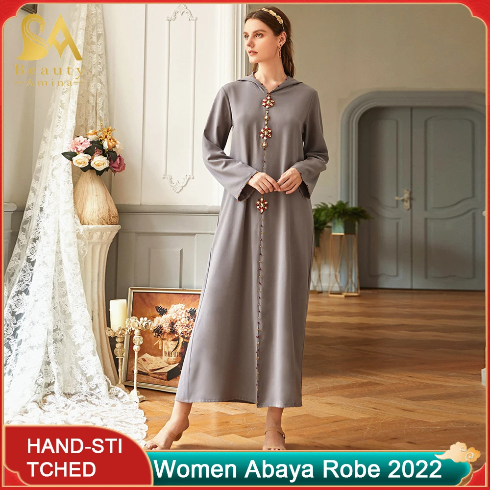 Abayas For Women Abaya Robe Muslim Robe Grey Hood Dresses Hand Sewn Drill Robe New Women's Muslim Sets Even Dress Hijab Hat