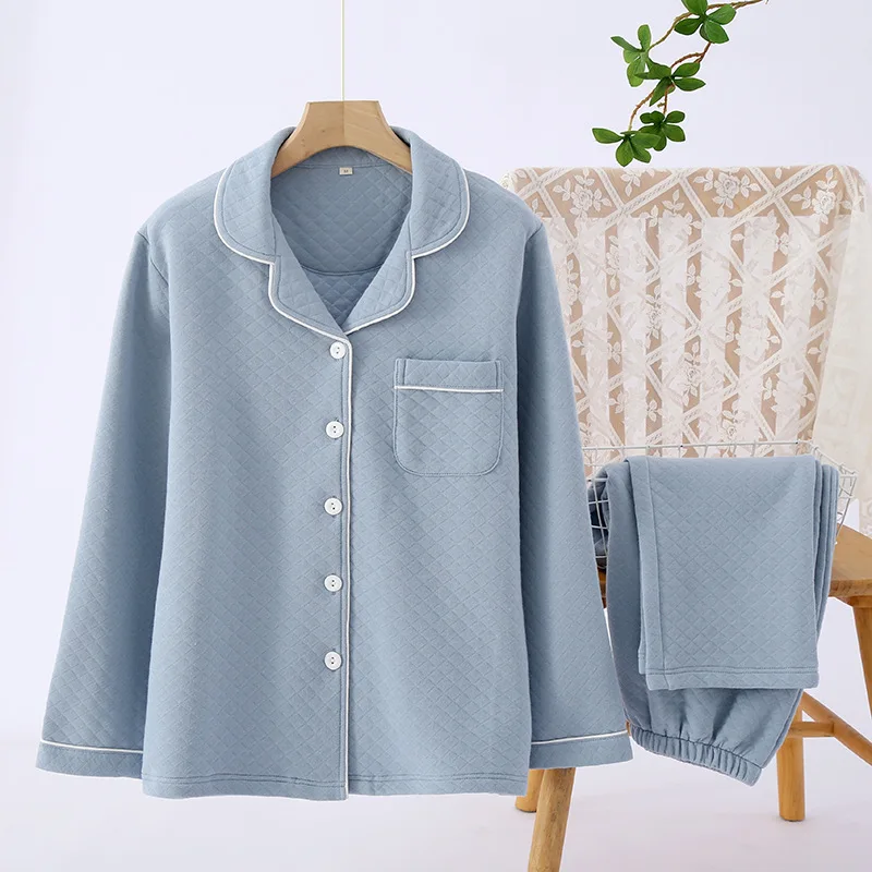 Couple Winter Pajamas Set Solid Color Air Layer Cotton Sleepwear Suit Breathable Warm Home Clothes V-neck Nightwear Men Women