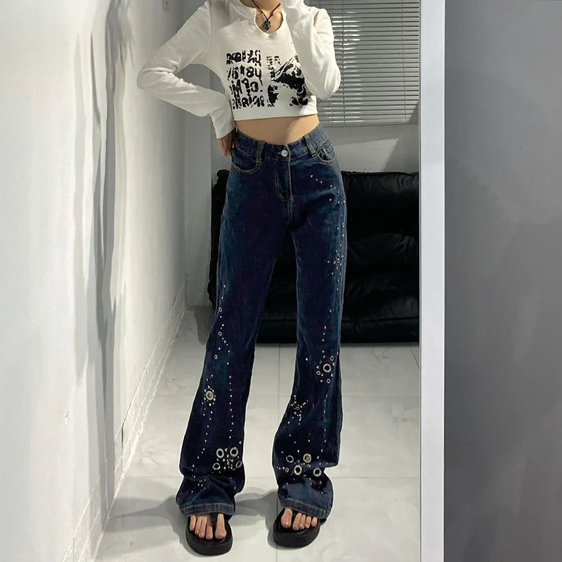 

Women's 2022 New Irregular White Polka Dot Printed Welt Jeans Women's High Waist Eyelet Hollow Casual Trousers