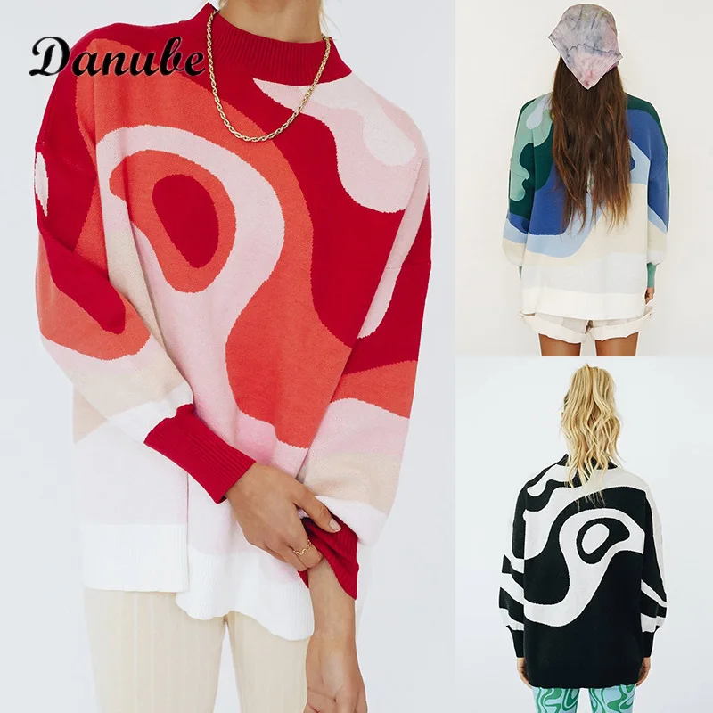 

Повседневный контрастный свитер, Женский Осенний вязаный пуловер оверсайз в стиле Харадзюку Y2k, корейская мода, Теплый Женский трикотажный ...