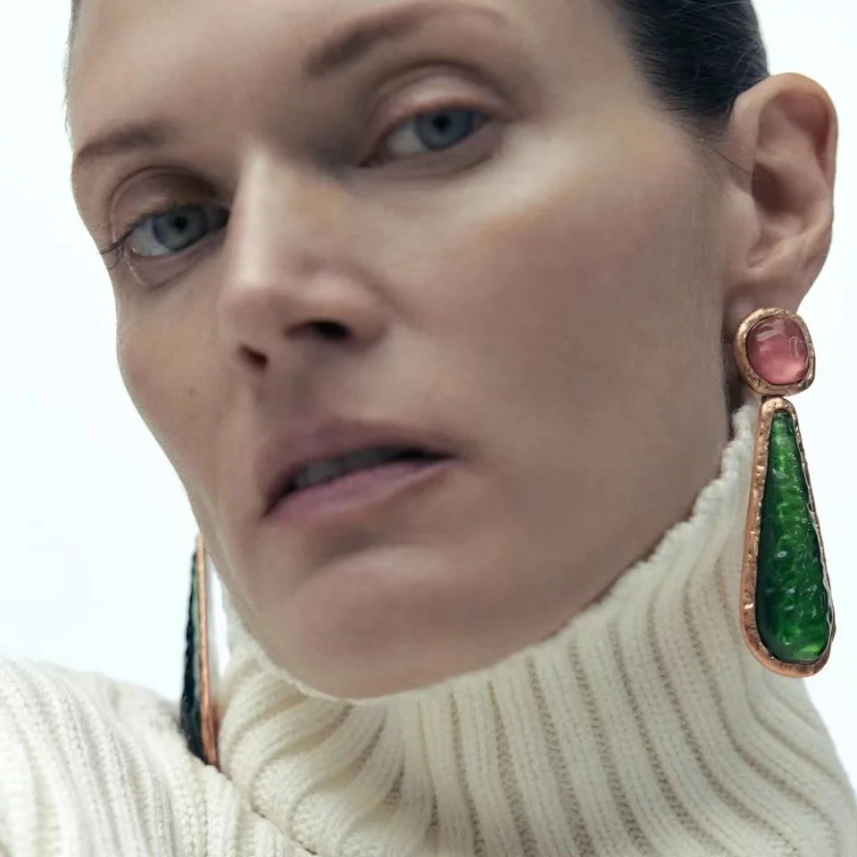 

ZA Vintage Green Crystal Glass Resin Pendant Earrings For Women Temperament Banquet Party Jewelry 2023 Trend Brincos