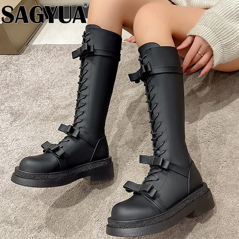 

New Winter Butterfly Knot Cross Tied Platform Women Shoes Knee High Long Boots Goth Gladiator High Heels Chaussures Femme 2022