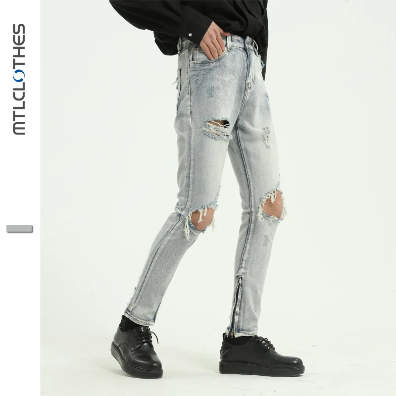 Men High Street Style Light Blue Jeans with Large Holes and Small Feet