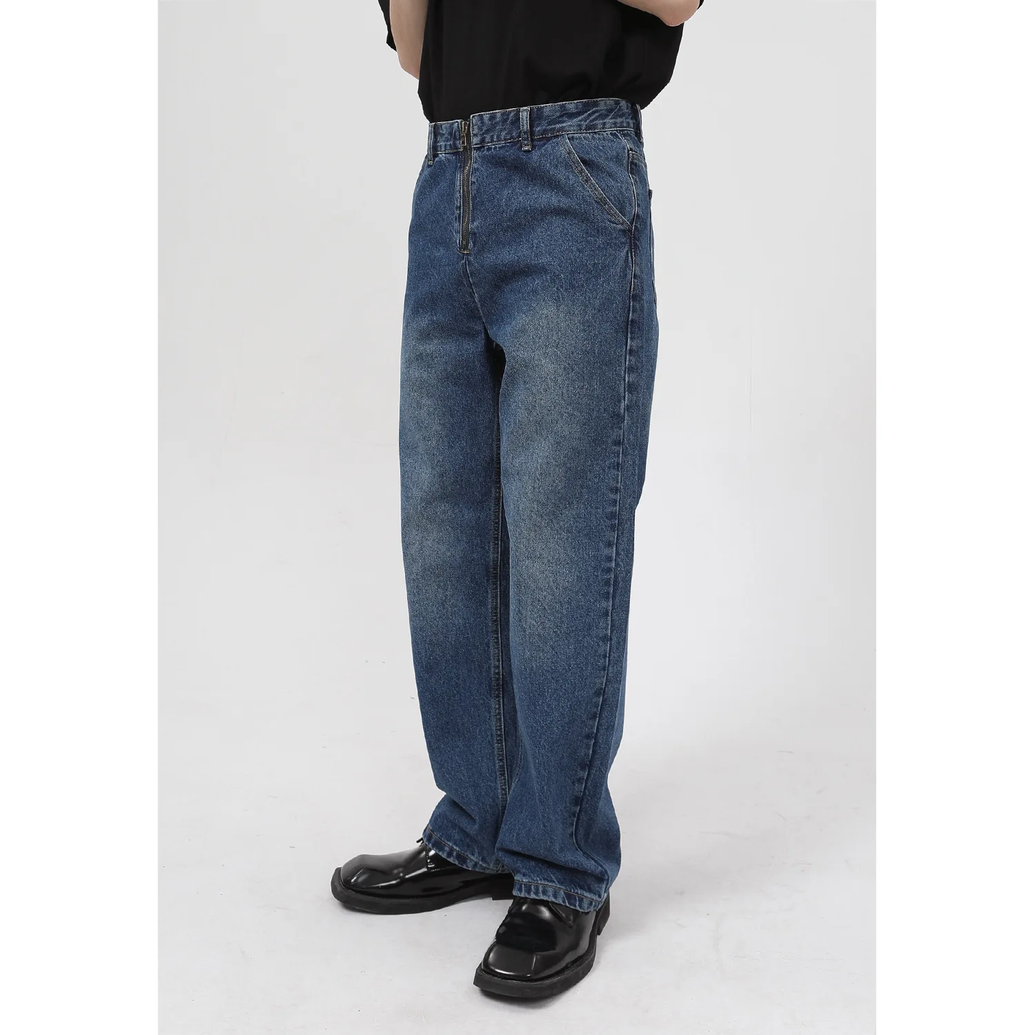 Four Seasons Men's Korean Style Personality Straight Zipper Design Jeans Men's Wide Leg Pants Fashion Streetwear Ins Hot Sale