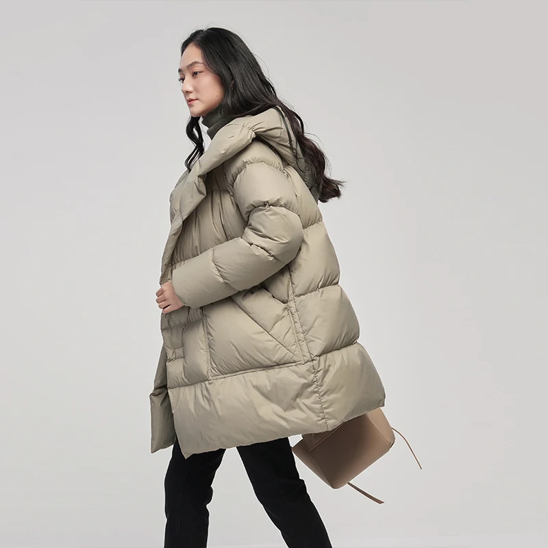 Thick Hood Women Jacket  Office Lady  90%  White Duck Down  Winter Warm Coat Women  Covered Button Adjustable Waist