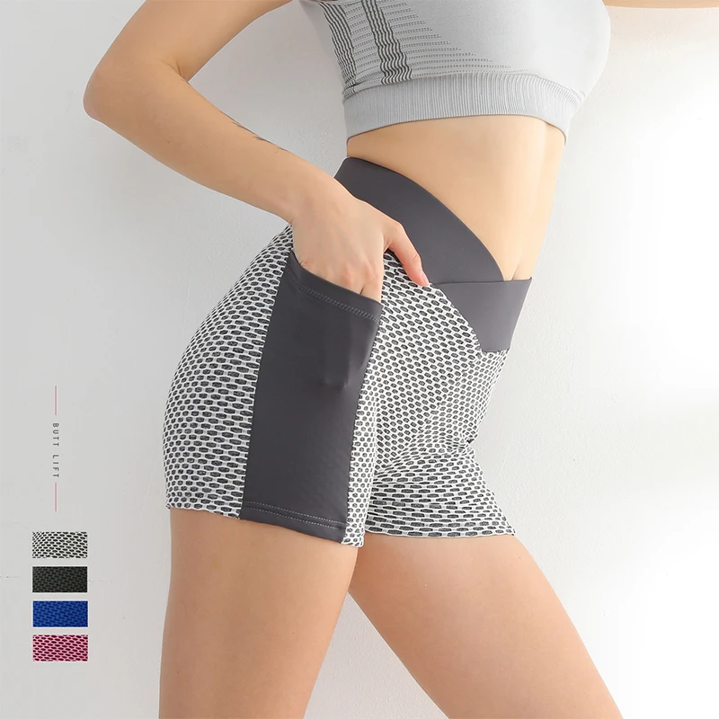 

Yoga Shorts Woman Pocket Hip Lifting Exercise Fitness Pants Bubble Shorts Solid Edge Drawstring High Waist Female Yoga Pants