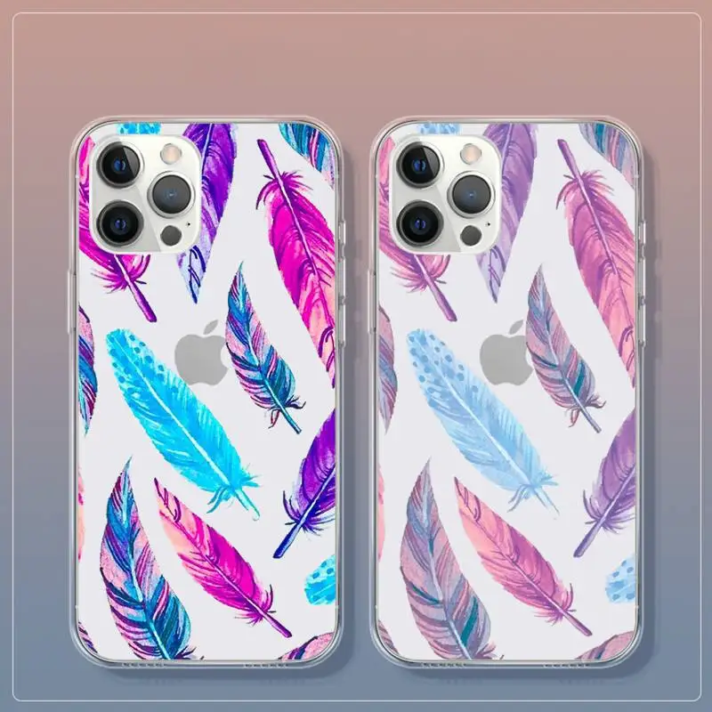 

Fashion color Feather Phone Case phone case for iphone 6 7 8 Plus X XS XR MAX 11 Pro 12 MiNi Transparent Cover