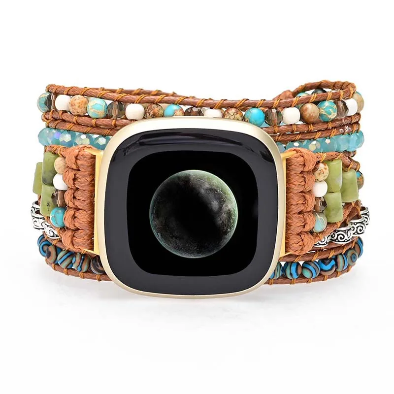 Natural Gemstone Beads Bracelet Strap For Fitbit Versa 1 2 3 4 Band Rope Woven Bohemian Watchband For Fitbit Sense/Sense 2