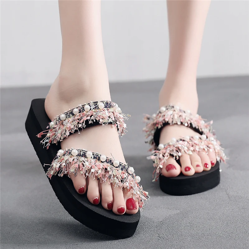 

Shoes Woman 2022 Slippers Flat On A Wedge Med Platform Luxury Slides Pantofle Shale Female Beach Soft Designer New Sabot Cotton