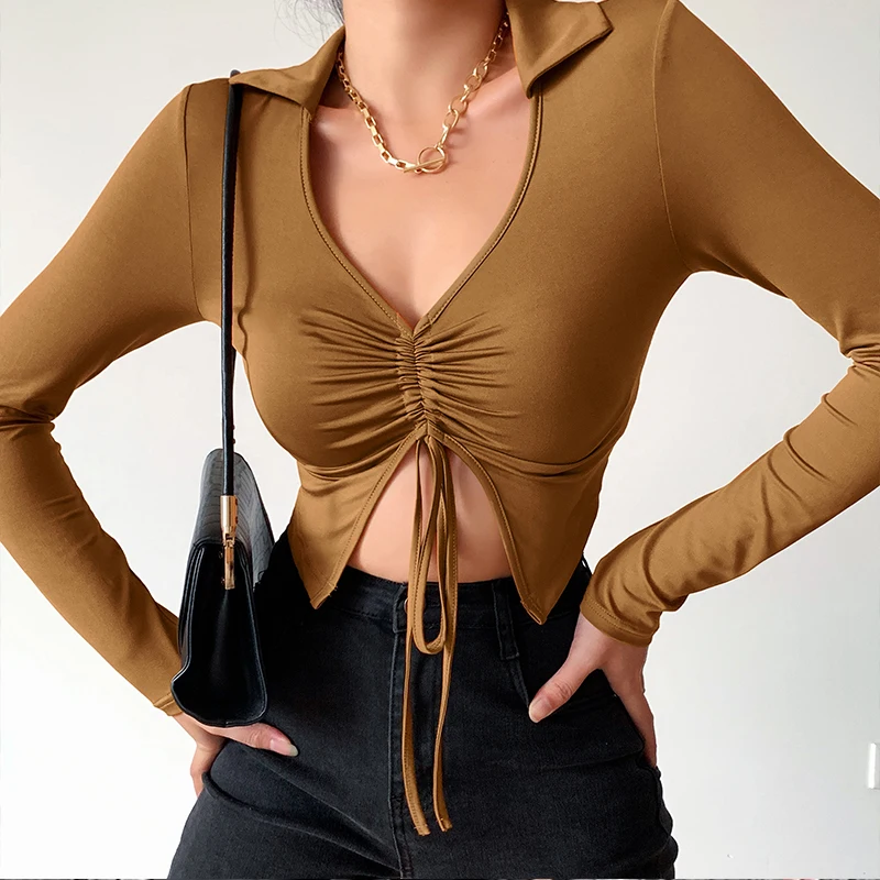 

SAYTHEN Summer 2022 Women's V-Neck Ruched Tie-Up Solid Color Showing Chest Showing Navel Slim Sexy Long Sleeve Top YS224222