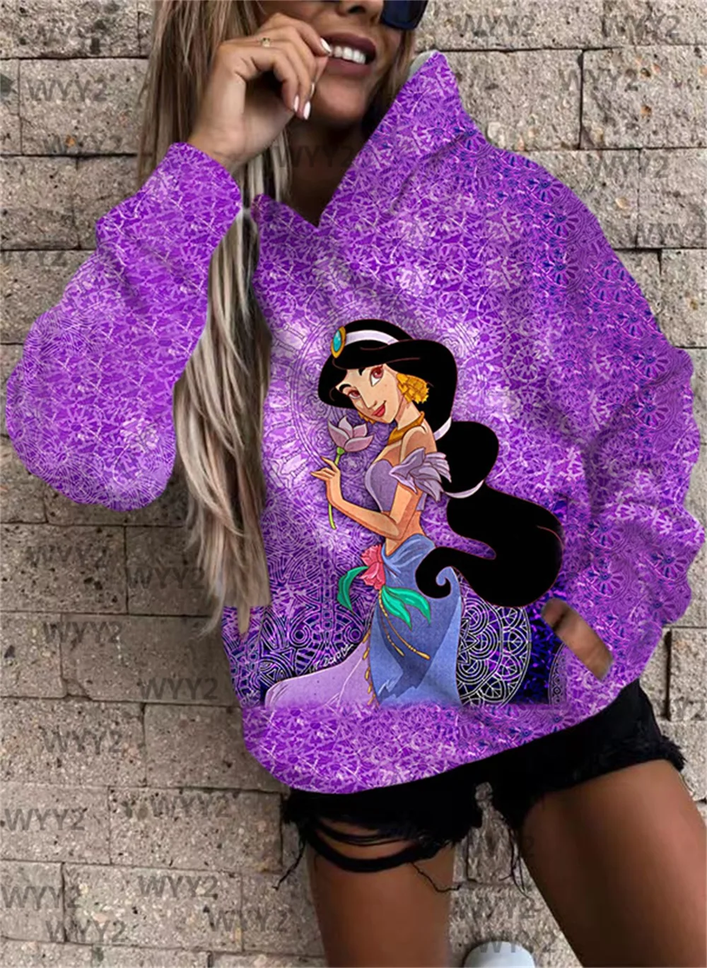 

Женская Толстовка Harajuku с принтом принцессы жасмин Свободный пуловер с большими карманами и длинным рукавом с капюшоном модный спортивный п...