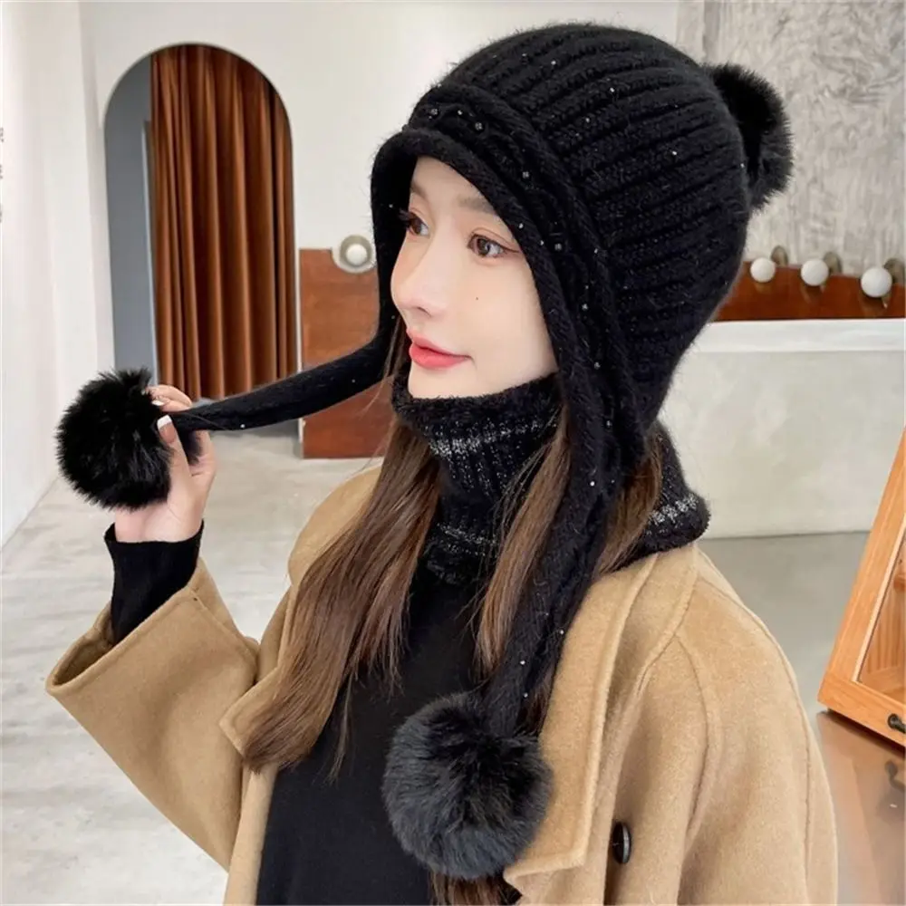 

New Brand Winter Hats Women Thick Knit Warm Beanies Hat Bib Female Windproof Cycling Wool Stitching knitting Hedging Caps