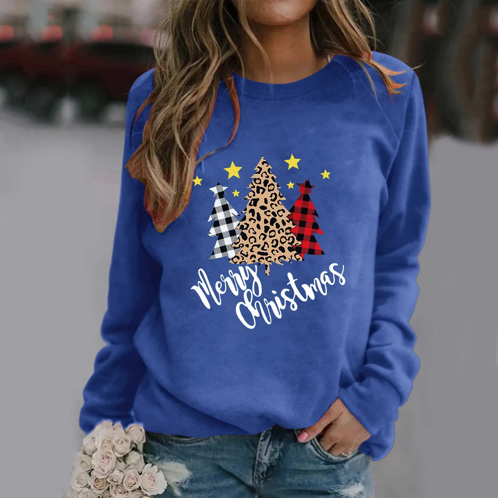 

Casual Slip Pullover Tops For Womens Daily Merry Christmas Snowflakes Print O Neck Sweatshirt Round Neck Fit Color Print