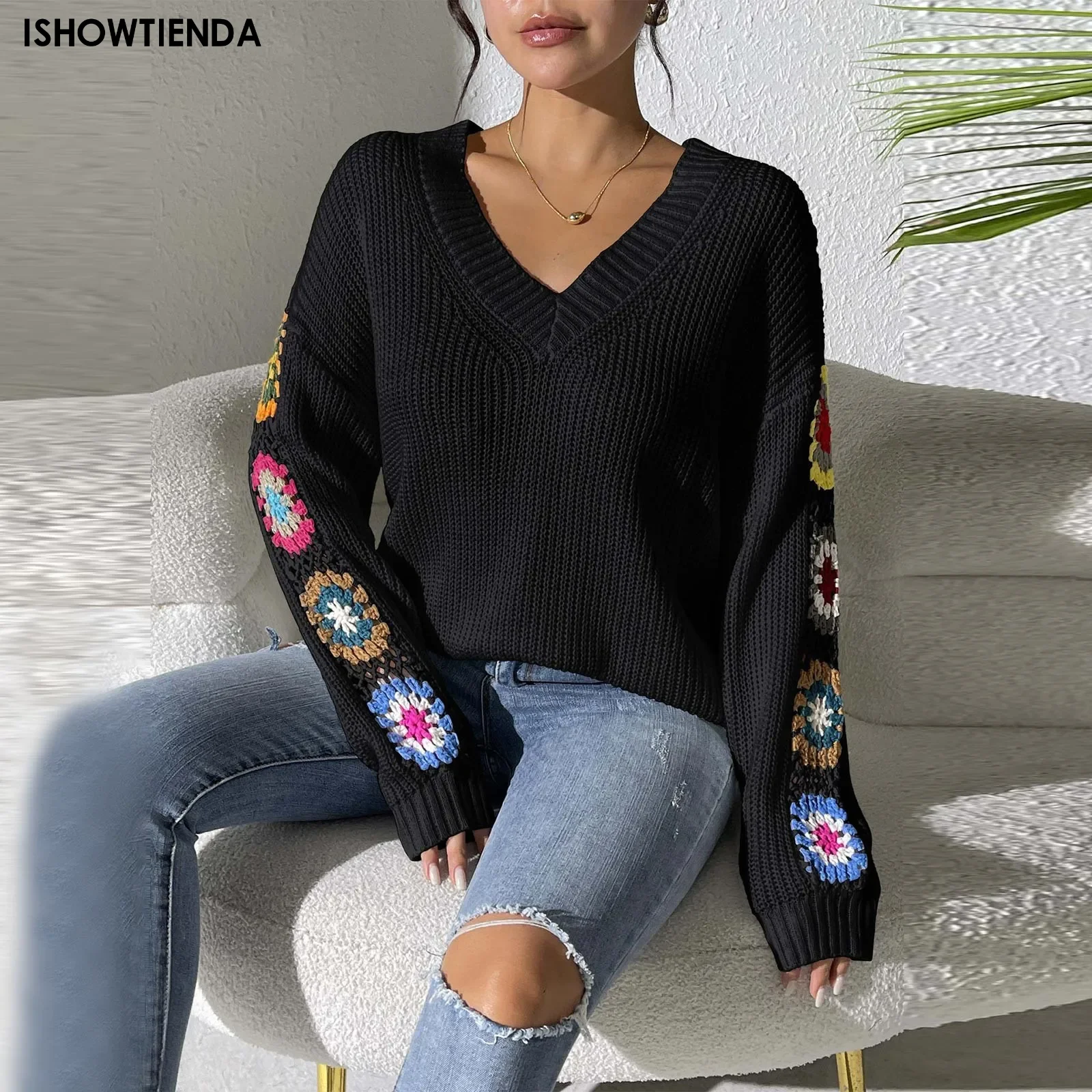 Женский трикотажный пуловер с длинным рукавом V-образным вырезом