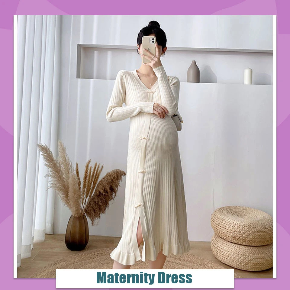 Maternity Dress Autumn Solid Color Knit Dress V-Neck Cheongsam Button Fashion Slim Sweater Bottom Long Sleeve Maternity Wear