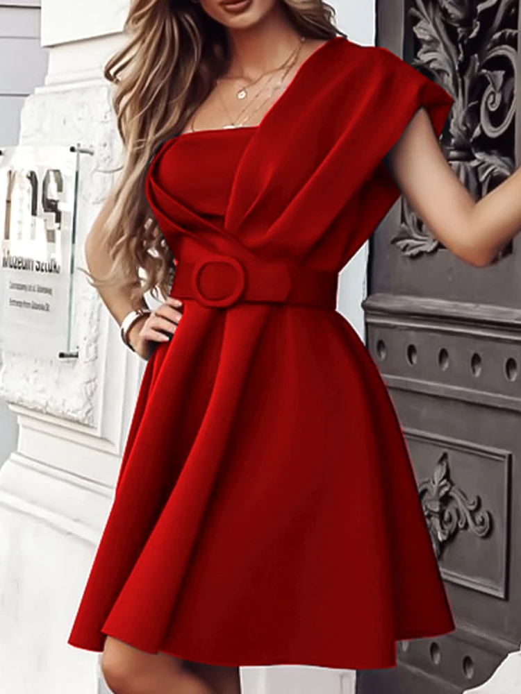 

Women Tube Top Solid Tunic Commuter Dresses Elegant One Shoulder Sleeve Pleated Mini Dress Fashion Stitching Prom Evening Dress