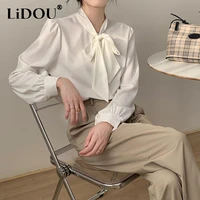 spring summer office lady solid color bow lace up single breasted vocation shirt elegant fashion long sleeve loose blouse blusa
