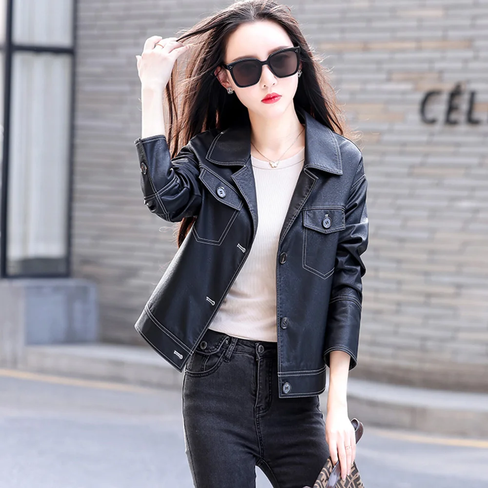 Women New Leather Coat Spring Autumn Fashion Solid Color Bright Lines Moto & Biker Jacket Casual Loose Sheep Leather Outerwear