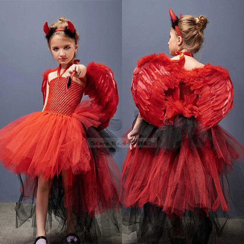 

Детские костюмы на Хэллоуин, красный и черный роскошный сценический костюм злого и темного ангела для выступления, платье-пачка для косплея...