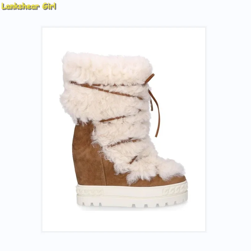 

2022 New Women's Suede Natural Ankle Boots Beige Platform Comfort Warm Block Heel Round toe Slip-on Lace up Wedge Boot Plus Size