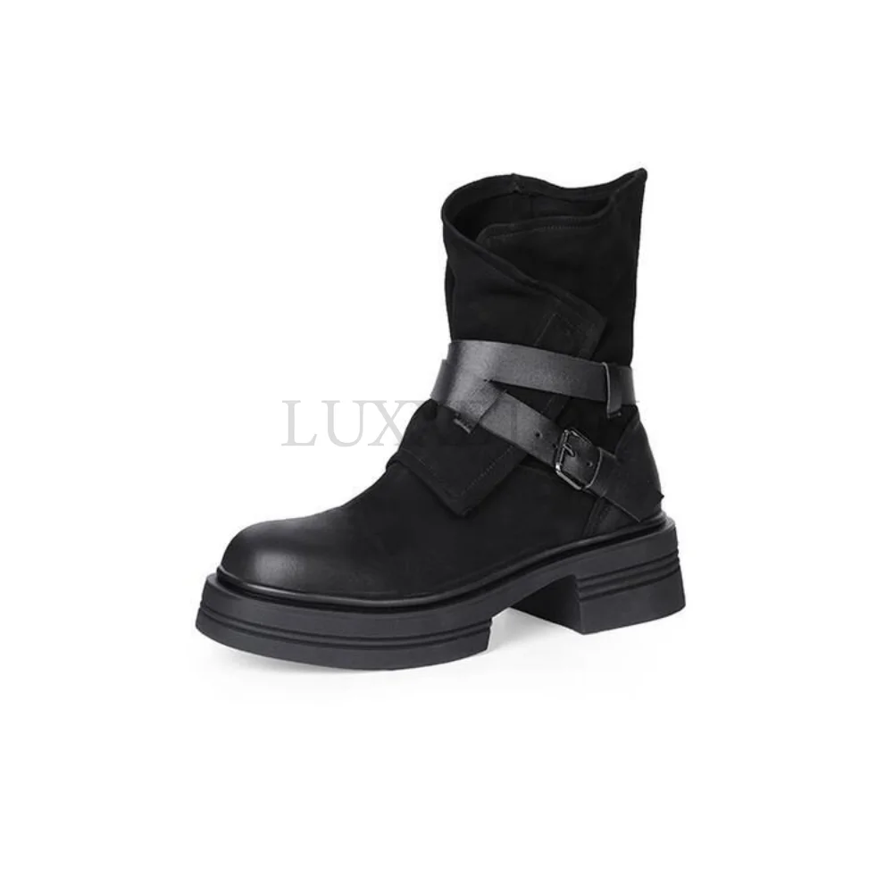 Autumn/Winter Women Boots Round Toe Chunky Heel Shoes Women Genuine Leather Boots Zipper Short Boots Motorcycle Boots for Women