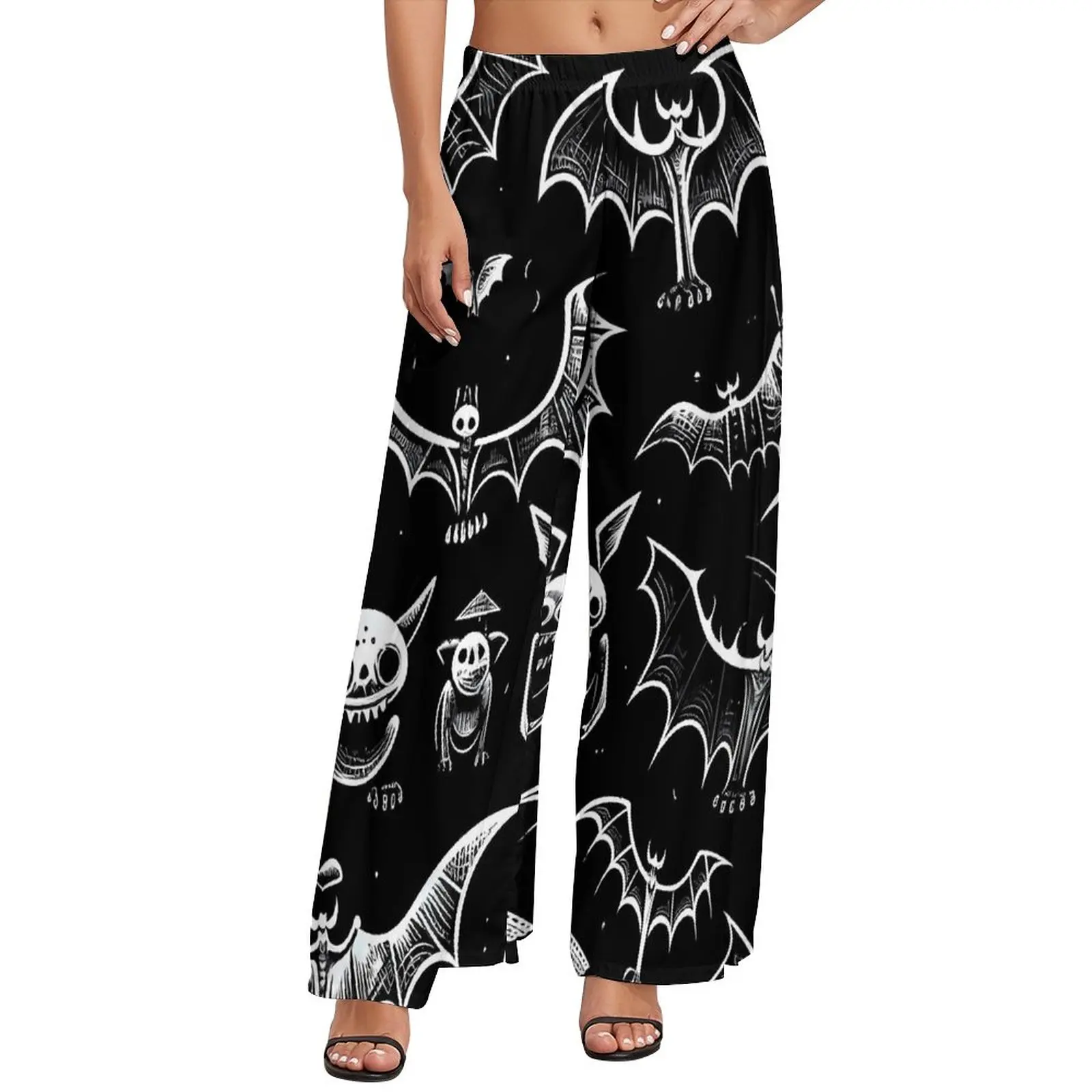 

Bat Sketches Straight Pants Halloween Print Casual Wide Pants Female Oversize Beach Design Trousers
