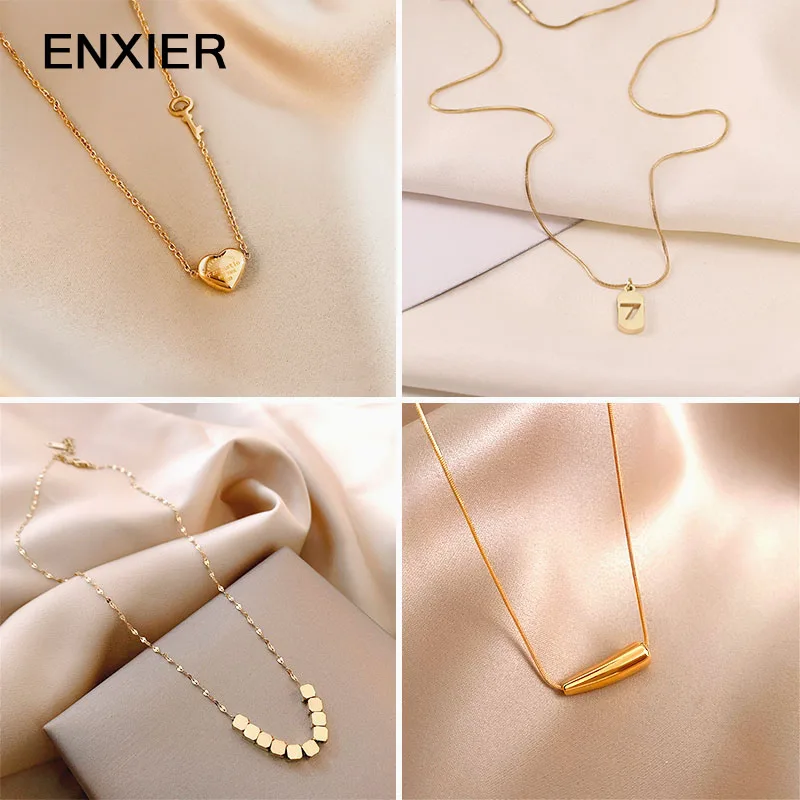 

ENXIIR Golden Stainless Steel Pendant Necklace For Women Clavicle Chain Necklaces Luxury Female Gift Jewelry