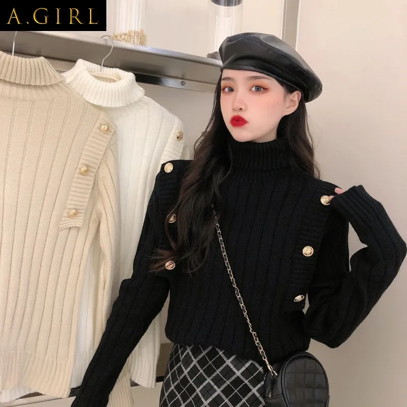 

Turtleneck Pullovers Women Autumn Sweaters Warm Design Vintage Knitwear Fashion Female All-match Slim Ulzzang Button Ins Tender