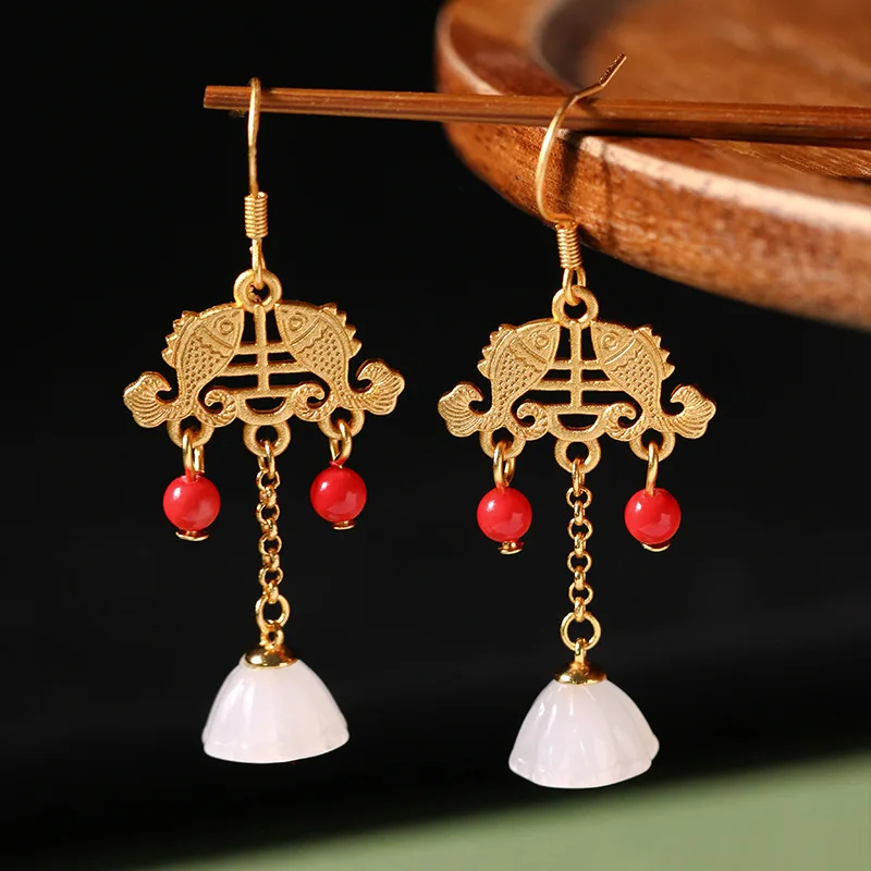 

Stainless Steel Earrings Ancient Goldfish Leaping Dragon Gate Lotus Peng Imitation Hetian Jade Vintage Earrings