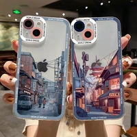 japanese anime hand painted house scenery clear phone case for iphone 13 12 11 pro max x xr xs 7 8plus se 2020 transparent cover