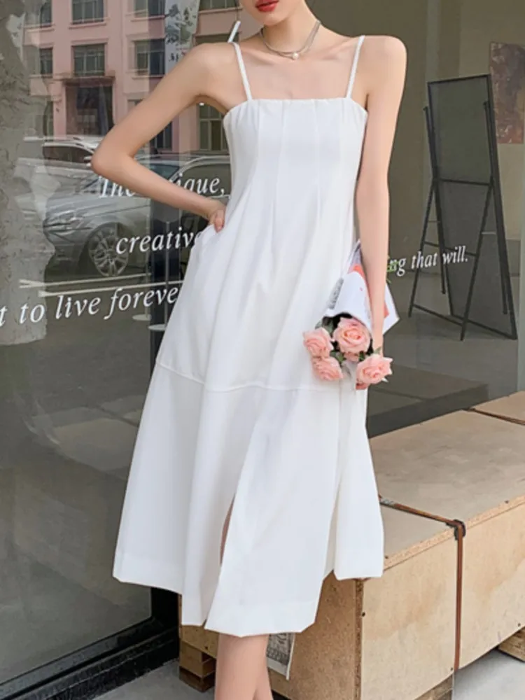 

Spaghetti Strap Elegant Casual Women Summer Black White Dress Sleeveless A-Line Sexy Beach Holiday Robe Female Fashion Clothes
