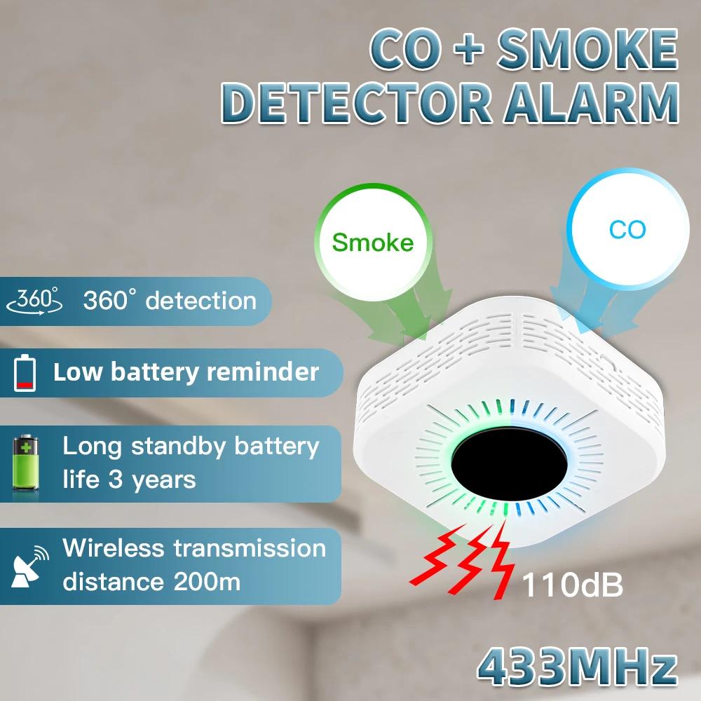 

Умный беспроводной композитный детектор дыма Angus, детектор угарного газа, детектор дыма, пожарная сигнализация, Домашняя безопасность, защита от огня