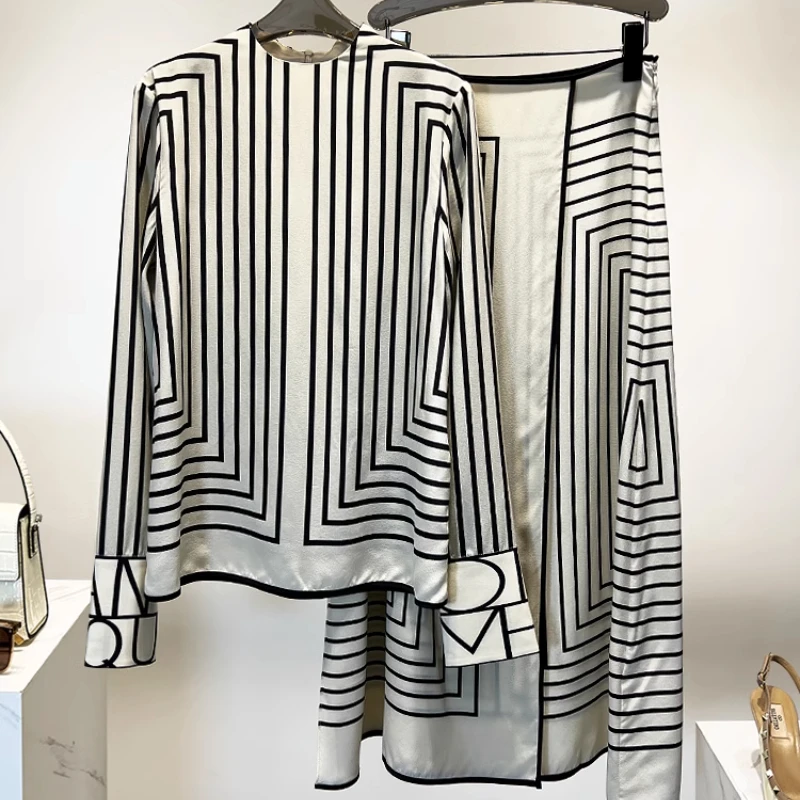 

Chiffon Shirt + Skirt Women's Matching Sets Summer Striped Slim 2023 New Long Sleeve Suit O-Neck Elegant Clothing YCMYUNYAN
