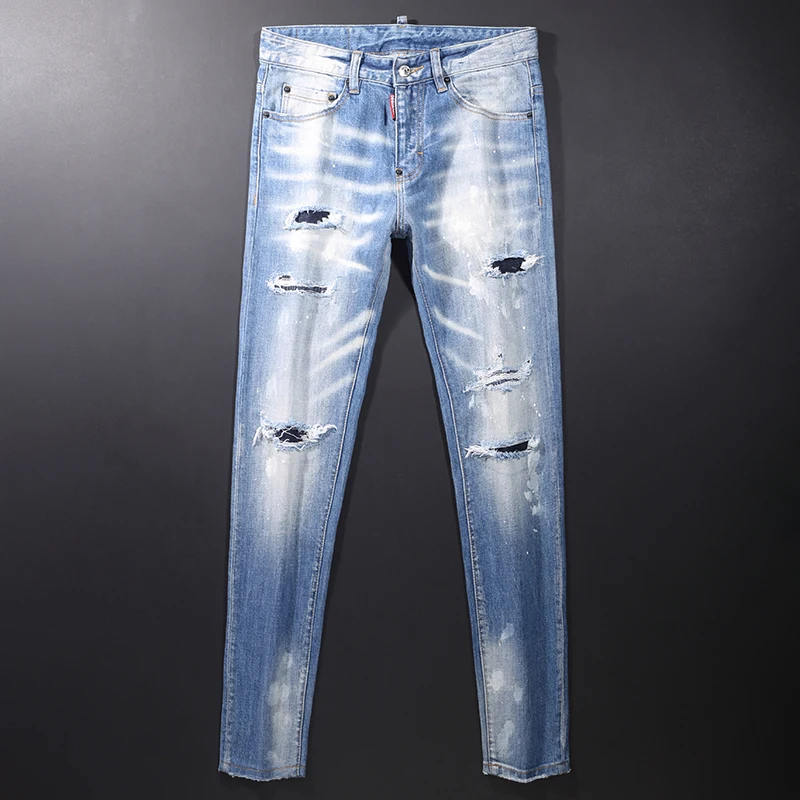 

Streetwear Fashion Men Jeans Retro Light Blue Elastic Slim Fit Ripped Jeans Homme Brand Designer Painted Hip Hop Denim Pants Men
