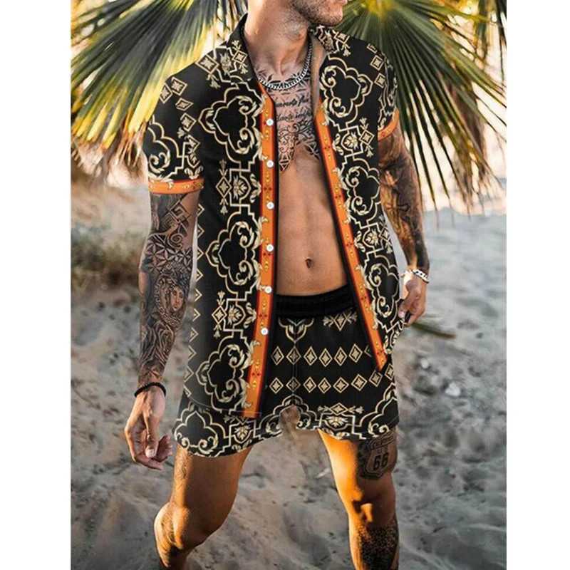 New Digital Printed Men's Hawaiian Suit Fashion Summer Short Sleeve Button Shirt Beach Shorts Casual Men's Suit S-3XL