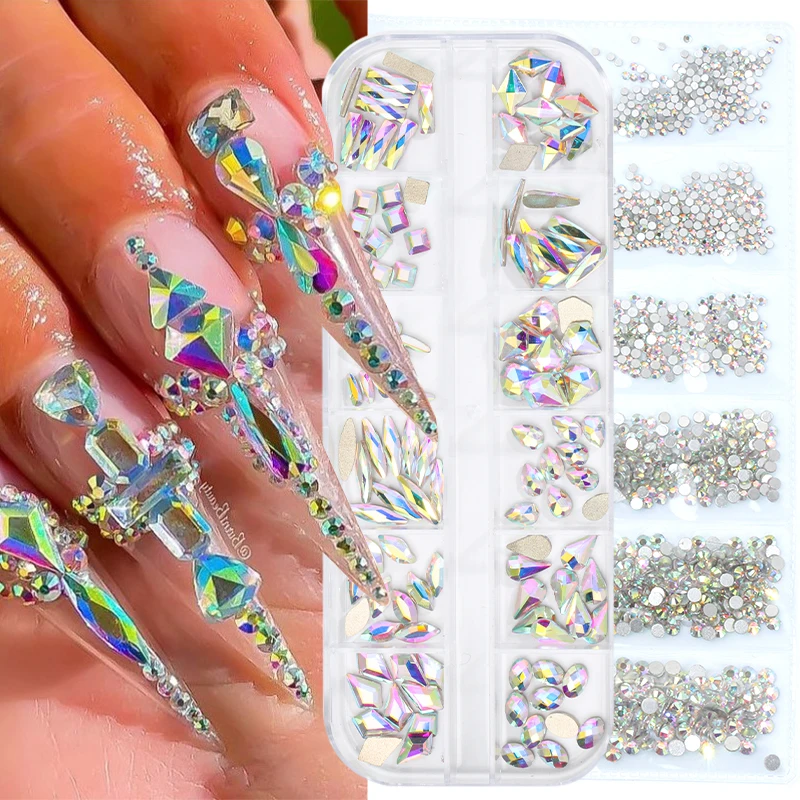 

1Set SS3-SS10 Glass Rhinestones Flatback Kuromi Nail Gem Pixie Stone Kawaii Nail Charms Mix Shaped Neon Rhinestones Box Nail Art